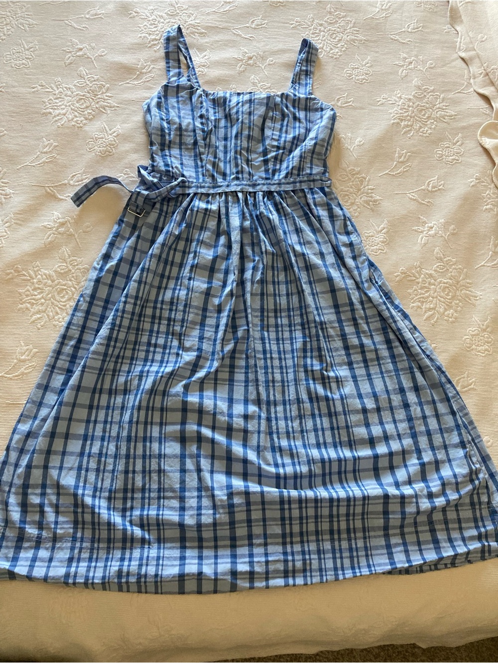 Blue Plaid Midi Sundress with Waist Tie